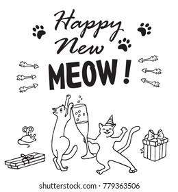 Happy New Meaw! Funny cats celebrate the new year / collection of clip art black and white in freehand style