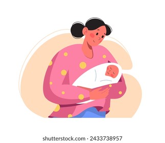 Happy new mom holding her infant in her arms. Cute woman hugs her newborn baby. Motherhood and child care vector illustration. Happy parent feeling love. Pregnancy and breastfeeding concept. 