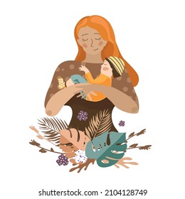 Happy new mom holds her baby in her arms. Woman with little son and flower arrangement, hand drawing isolated on white background.Vector illustration in a modern style of motherhood and childcare