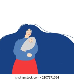 A happy new mom holds her baby in her arms. Vector illustration of motherhood and child care