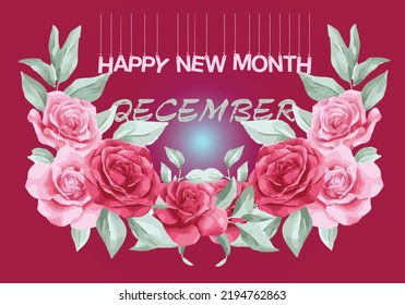 Happy New Month December,with Hand Drawn Flowers Pattern,on Beautiful Background.