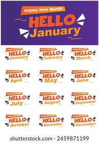 Happy New Month logos, tags with a welcome message. Creative monthly greetings with an orange gradient and purple background.