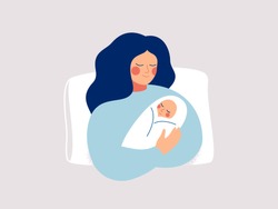 Happy New Mother Holds Her Infant Baby In Her Arms. Vector Illustration Of Motherhood And Care About Kids