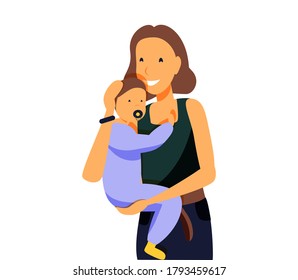 	
Happy new mother holds her infant baby in her arms. Vector illustration of motherhood and care about kids