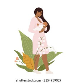 Happy new mother holds her infant baby in her hands. Vector illustration of motherhood and care about kids lily of the valley