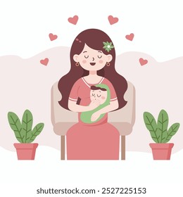 Happy new mother holds her infant baby in her arms sitting on the chair. Vector illustration of motherhood and care about kids