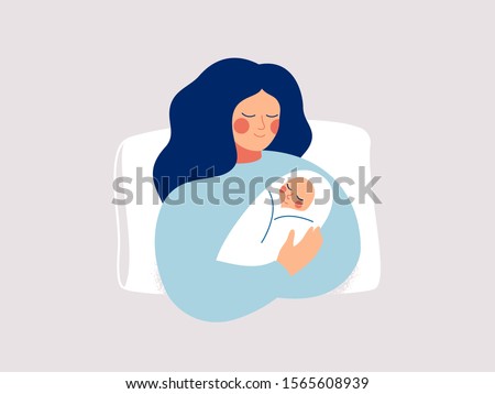Happy new mother holds her infant baby in her arms. Vector illustration of motherhood and care about kids