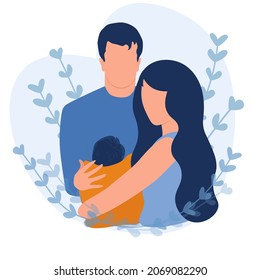 Fröhliche neue Eltern, die ein Baby halten. Junge Mama und Papa, neu geborenes Kind, flache Vektorgrafik. Kinder-, Eltern- und Kinderbetreuungskonzept für Banner, Website-Design oder Landing-Webseite.
