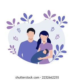 Felices padres recién nacidos sosteniendo a su bebé. Madre y papá jóvenes, niño recién nacido ilustración vectorial plana. 