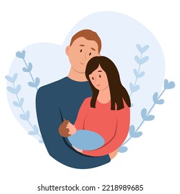 Happy new parents holding newborn baby. Young mom and dad, new born child flat vector illustration isolated. Having baby, parenthood, child care concept for banner, website design or landing web page.