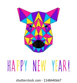 Happy new pig year card. Cute pig and abstract pattern for new year greeting card, party invitation, new year holiday sale advertising, winter vacation travel poster, bag prrint, t-shirt etc. 