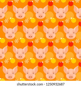 Happy new pig year seamless pattern. Cute pig background for new year greeting card, party invitation, new year holiday sale advertising, winter vacation travel poster, bag prrint, t-shirt etc. 