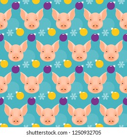 Happy new pig year seamless pattern. Cute pig background for new year greeting card, party invitation, new year holiday sale advertising, winter vacation travel poster, bag prrint, t-shirt etc. 