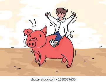 Happy new piggy yea  The boy is riding the back pig  hand drawing style illustration 