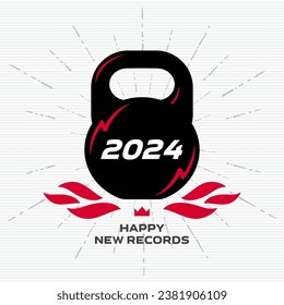 Happy new records in the new year 2024. Black kettlebell with glares in the form of lightning, fire and the words 2024.