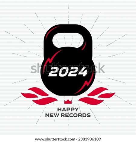 Happy new records in the new year 2024. Black kettlebell with glares in the form of lightning, fire and the words 2024.