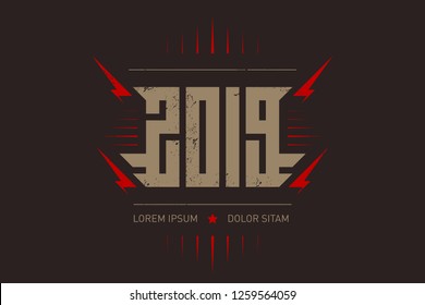 Happy New Rock'n'roll 2019 - music poster with stylized inscription, red lightnings and star. 2019l - t-shirt design. T-shirt apparels cool print with inscription.