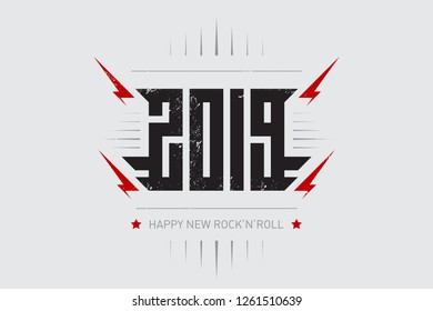 Happy New Rock'n'roll 2019 - music poster with stylized inscription, red lightnings and star. T-shirt apparels cool print with inscription. 2019 - t-shirt design.