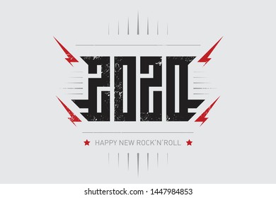 Happy New Rock'n'roll 2020 - music poster with stylized inscription, red lightnings and star. T-shirt apparels cool print with inscription. 20 20 - t-shirt design.