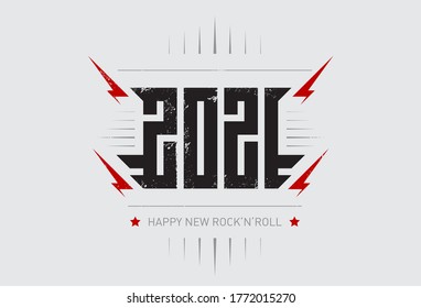 Happy New Rock'n'roll 2021 - music poster with stylized inscription, red lightnings and star. Cool print for t-shirt apparels with inscription. 2021 - t-shirt design for new year party.