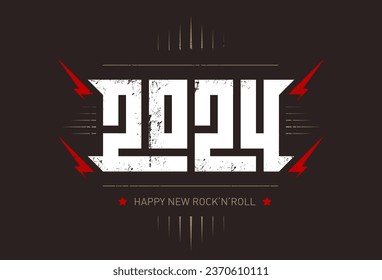 Happy New Rock'n'roll 2024 - music poster with stylized inscription, red lightnings and stars on dark background. Cool print for t-shirt with inscription. 2024 - t-shirt design for new year party.