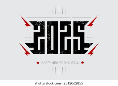 Happy New Rock'n'roll 2025 - cartaz de música com inscrição estilizada, relâmpagos vermelhos e estrela. 2025 - design de camiseta para a festa de ano novo. Impressão legal para aparelhos de camiseta com inscrição.