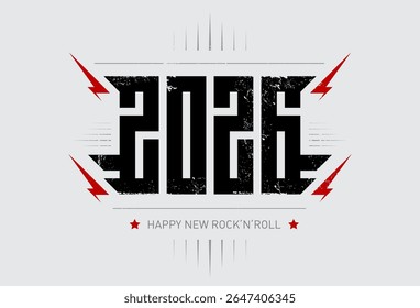 Happy New Rock'n'roll 2026. Music poster with stylized inscription, red lightnings and star. 2026 - t-shirt design for new year party. Cool print for t-shirt apparels with a cool inscription.