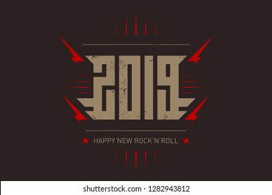 Happy New Rock'n'roll - music poster with stylized inscription, red lightnings and star. T-shirt apparels cool print with inscription. 2019 - t-shirt design.