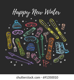 Happy New Winter vector design. Lettering and sketch. Colorful Snowboarding equipment vector illustration. Winter mountain sport. 