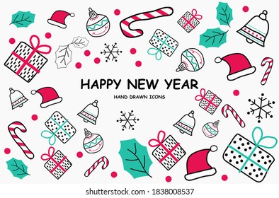 Happy New Yaer hand drawn background with flat icon vector template for graphic design. Greeting card design for  winter holiday with gift and Xmas candys. Eps 10 vector