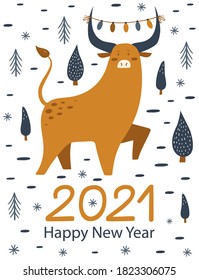 Happy New Yea 2021 card with cute bull. Vector illustration 