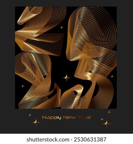 feliz ano novo 2 0 2 5., design de ouro e preto com números de ouro 2025 em estilo y2k 