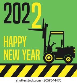 Happy New Year 2002 greeting card - fork lift truck at work, vector illustration