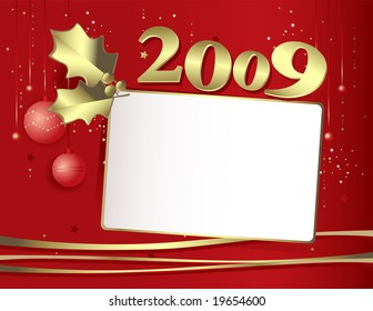 happy new year 2009- vector greeting card on red background and golden ornaments