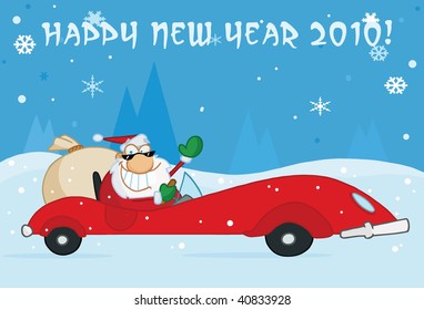 Happy New Year 2010 Greeting With Santa Driving His Red Sports Car