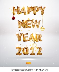 Feliz Ano Novo 2012 3d texto dourado com bolas e neve