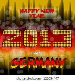 Happy New Year 2013 from Germany - Happy new year's eve with a multicolored background, bright text like little light ball and the colors of the German flag, Back red yellow. Germany.