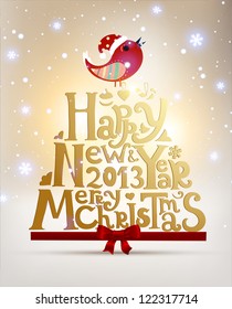 Happy New Year 2013 and Merry Christmas lettering for Xmas design, bird, snowflakes and red ribbon bow, eps10 vector illustration