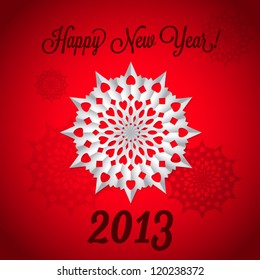 Happy new year 2013 vector greeting card with paper snowflake on red background