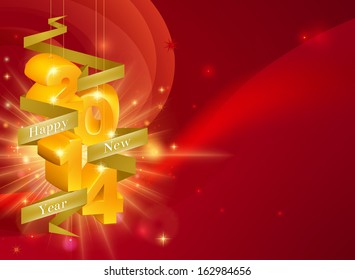 A Happy New Year 2014 Background with 3d ornaments with the year on them and a ribbon reading Happy New Year, framing copyspace on the right 