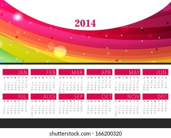 Happy New Year 2014 calendar on shiny colorful waves background. 