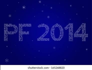 Happy New Year 2014 card made of "Merry Christmas and Happy New Year" slogan in different word languages