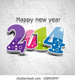 Happy New Year 2014 celebration party, poster or banner with glossy colorful text on grungy grey background. 