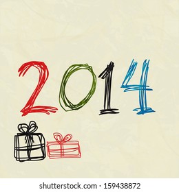 Feliz fiesta de celebración de Año Nuevo 2014, afiche o pancarta con colorido texto y caja de regalo sobre fondo abstracto. 