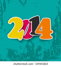 Happy New Year 2014 celebration party, flyer, poster or banner with colorful text on grungy green background.
