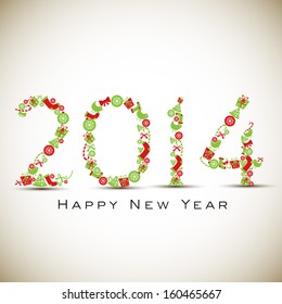 Happy New Year 2014 celebration background with colorful floral decorated text on abstract brown background. 