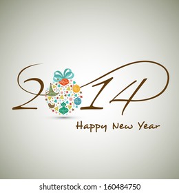 Happy New Year 2014 celebration background with stylish text colorful Xmas ball on abstract grey background. 