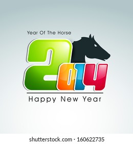 Happy New Year 2014 celebration background with glossy colorful text and silhouette of Chinese symbol, year of the Horse. 