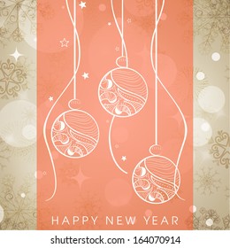 Happy New Year 2014 celebration poster, banner, or invitations on orange and shiny brown background with shiny floral Xmas balls.  