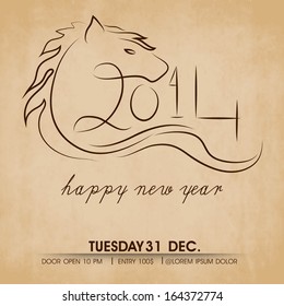 Happy New Year 2014 celebration flyer, banner, poster or invitation with stylish text and Chinese symbol, year of the Horse on grungy brown background. 
